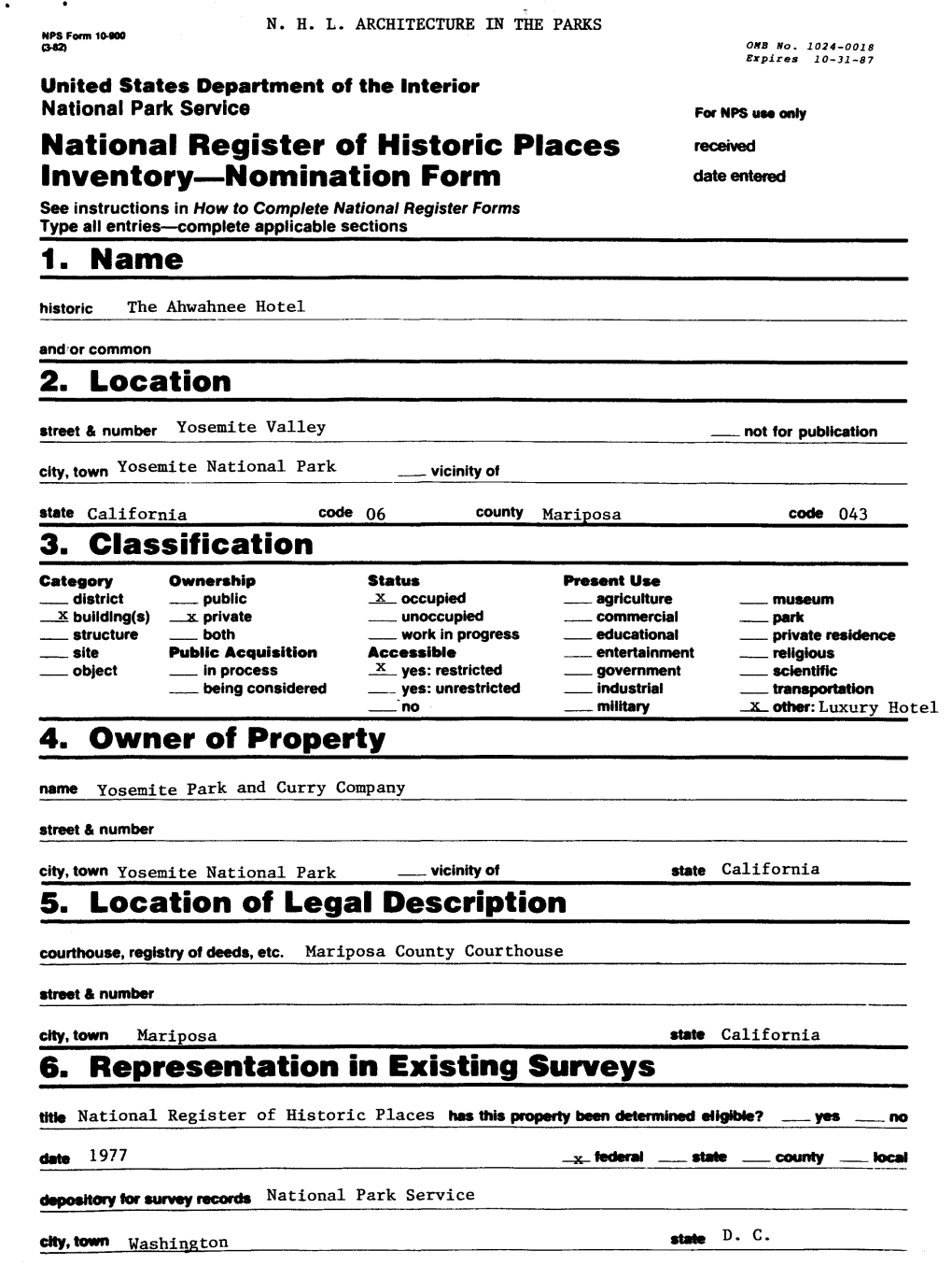 National Register Off Historic Places Inventory—Nomination Form 1