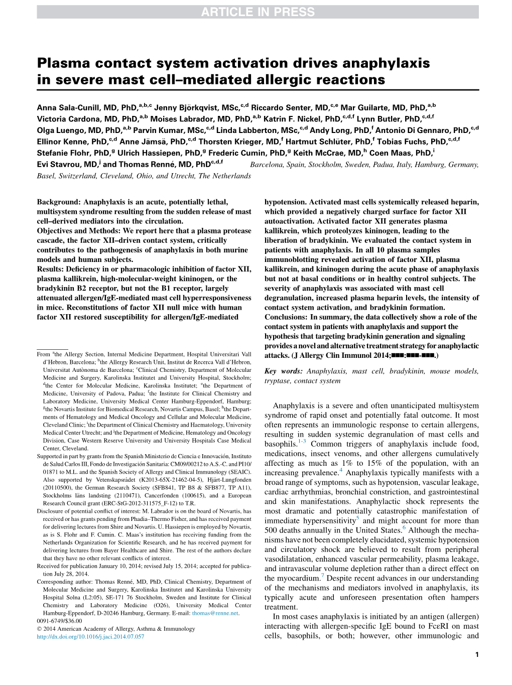 Plasma Contact System Activation Drives Anaphylaxis in Severe Mast Cell–Mediated Allergic Reactions