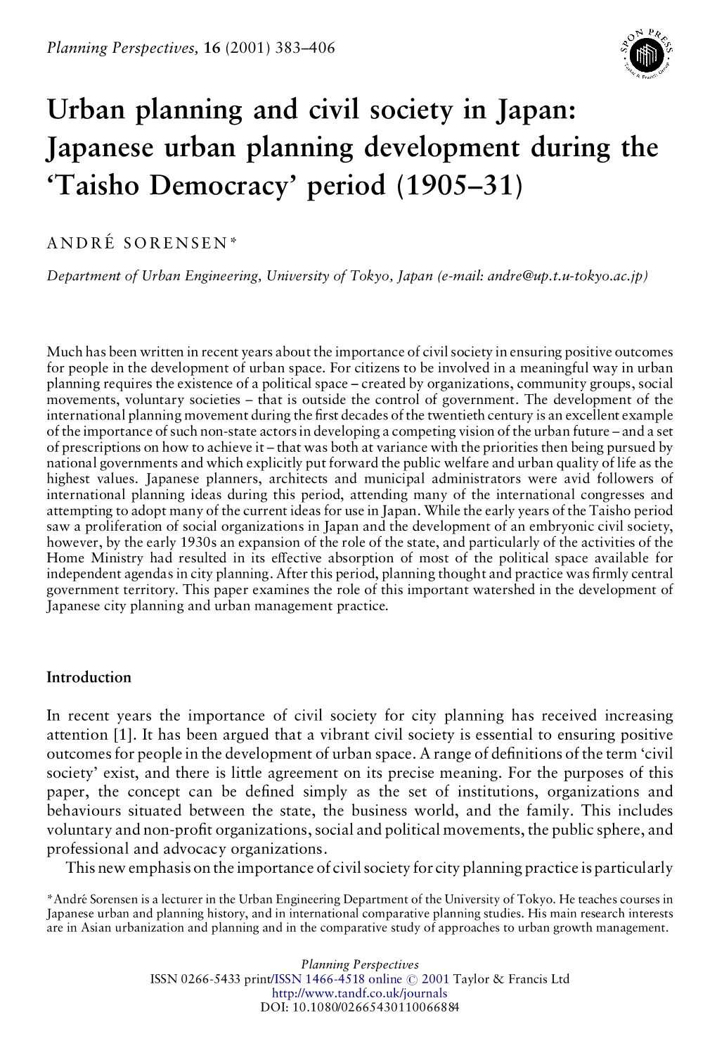 Urban Planning and Civil Society in Japan: Japanese Urban Planning Development During the ‘Taisho Democracy’ Period (1905–31)