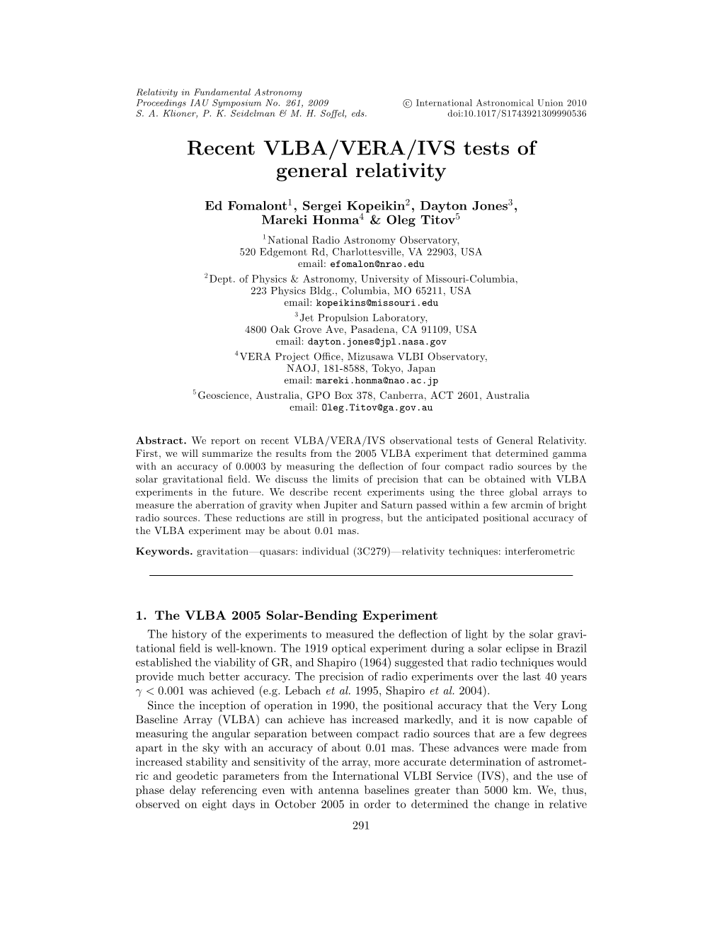 Recent VLBA/VERA/IVS Tests of General Relativity