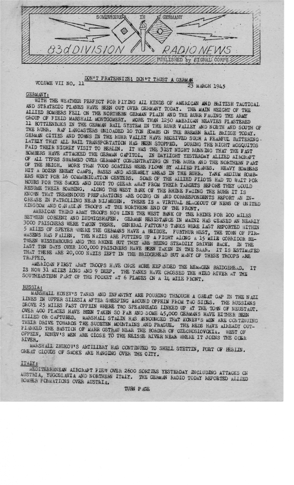 83Rd Division Radio News, Germany, Vol VII #11, March 23, 1945