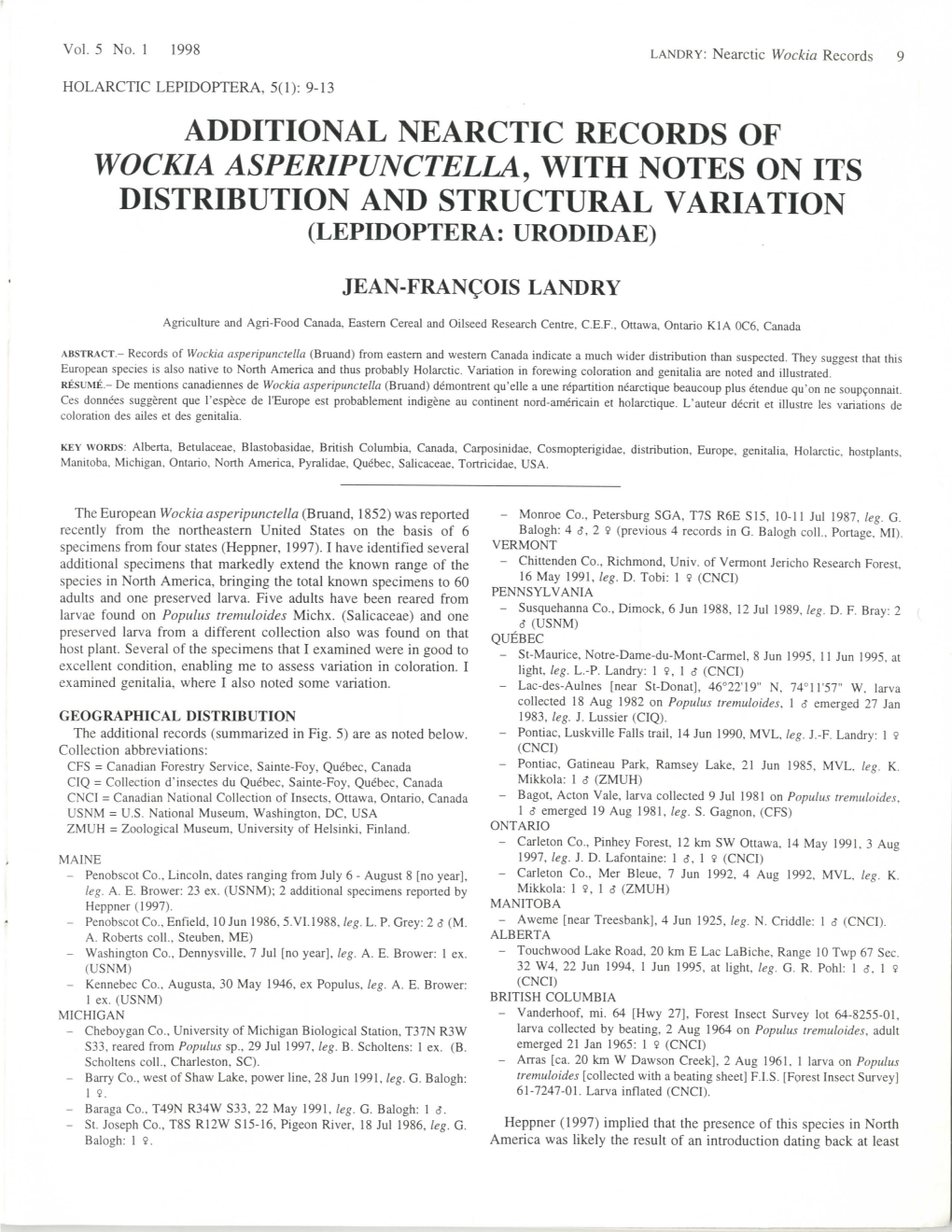 Additional Nearctic Records of Wockia Asperipunctella, with Notes on Its Distribution and Structural Variation (Lepidoptera: Urodidae)