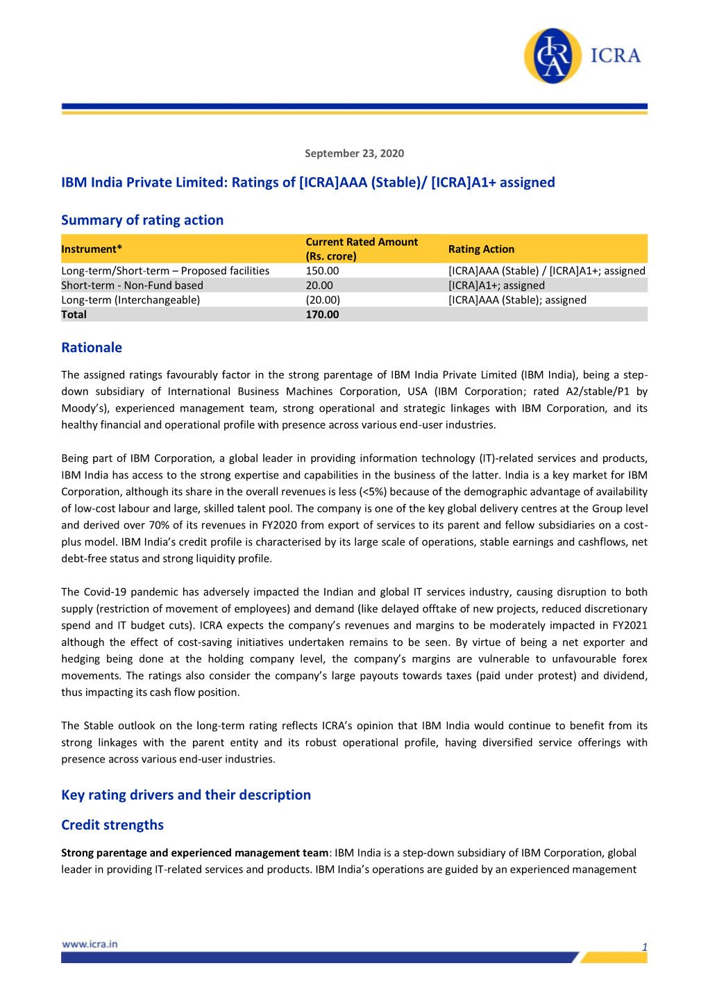 IBM India Private Limited: Ratings of [ICRA]AAA (Stable)/ [ICRA]A1+ Assigned