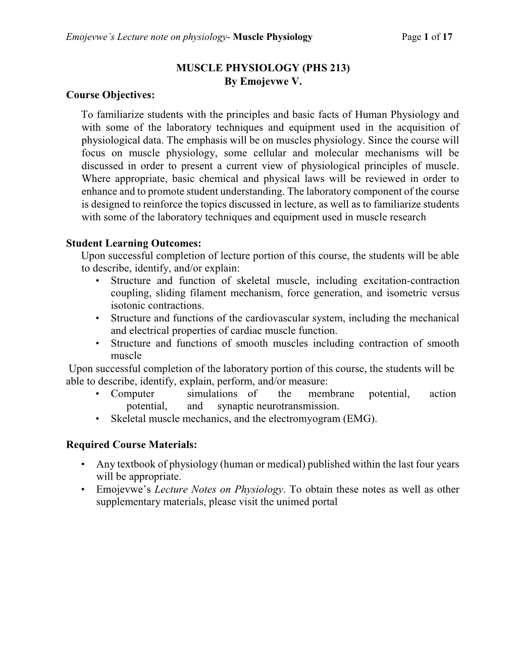 Muscle Physiology Page 1 of 17