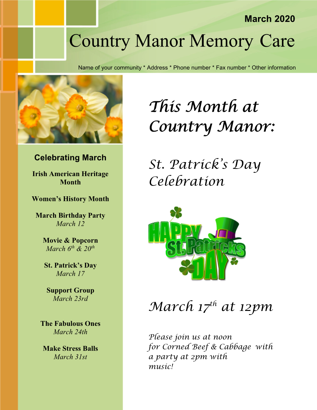 This Month at Country Manor: St. Patrick's Day Celebration March