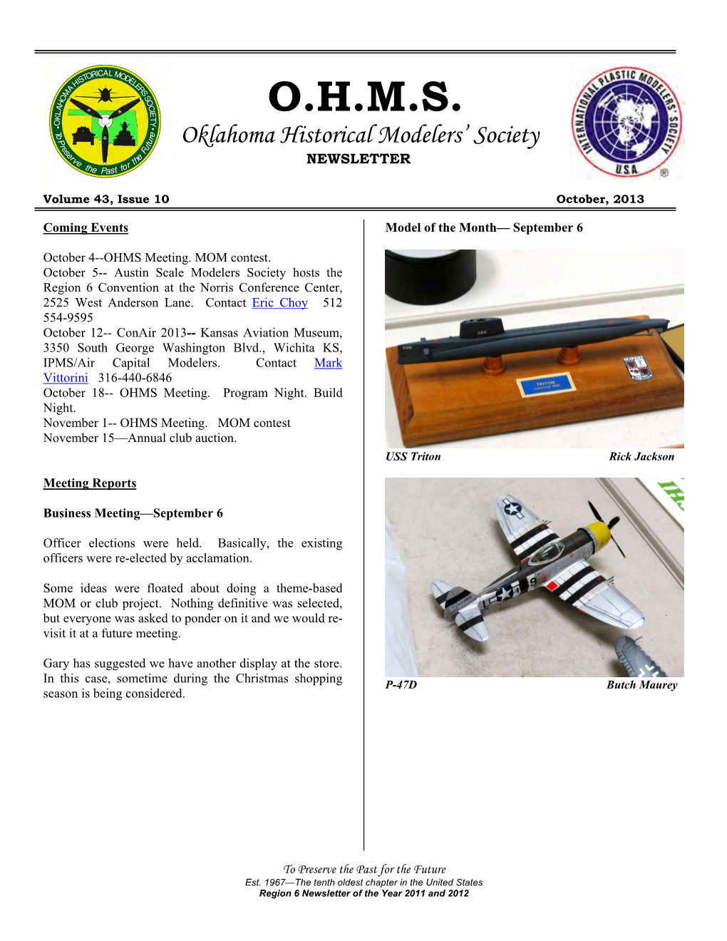 O.H.M.S. Oklahoma Historical Modelers’ Society NEWSLETTER