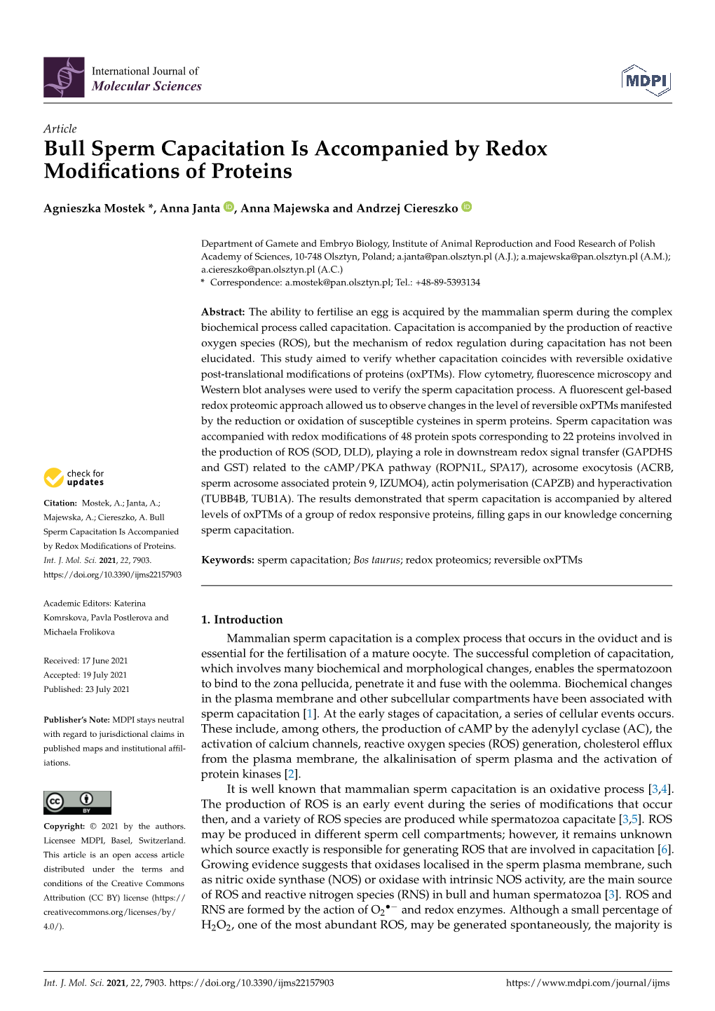 Bull Sperm Capacitation Is Accompanied by Redox Modiﬁcations of Proteins