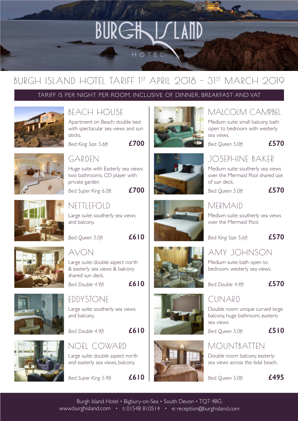 Burgh Island Hotel Tariff 1St April 2018 - 31St March 2019