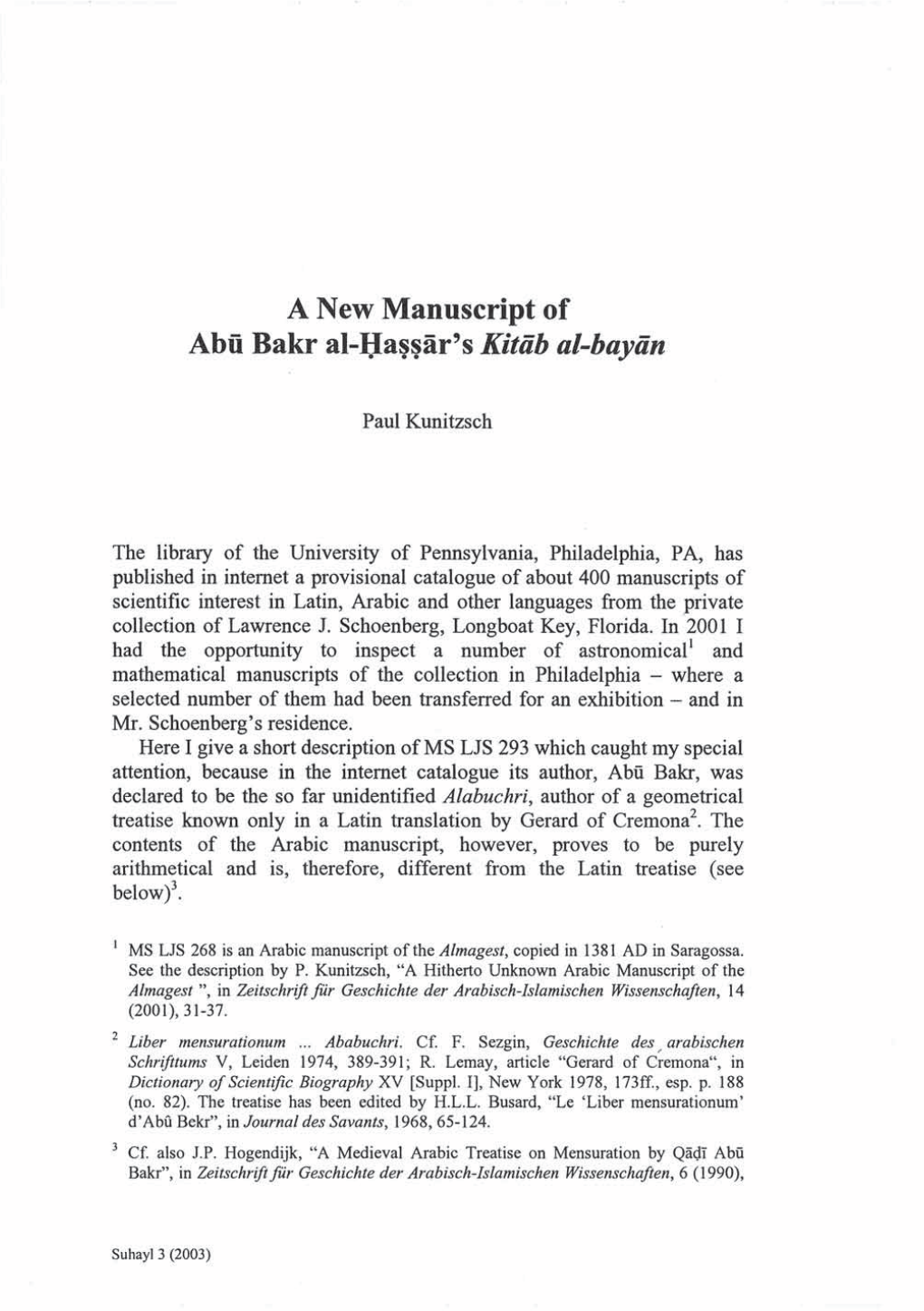 A New Manuscript of Abü Bakr Al-I;Ia~~Iir'skitab Al-Bayan