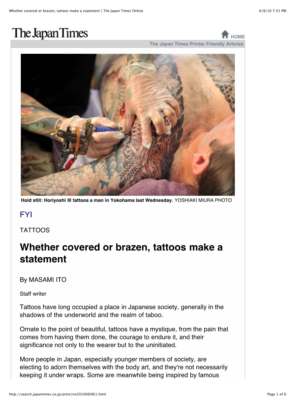 Whether Covered Or Brazen, Tattoos Make a Statement | the Japan Times Online 6/9/10 7:51 PM