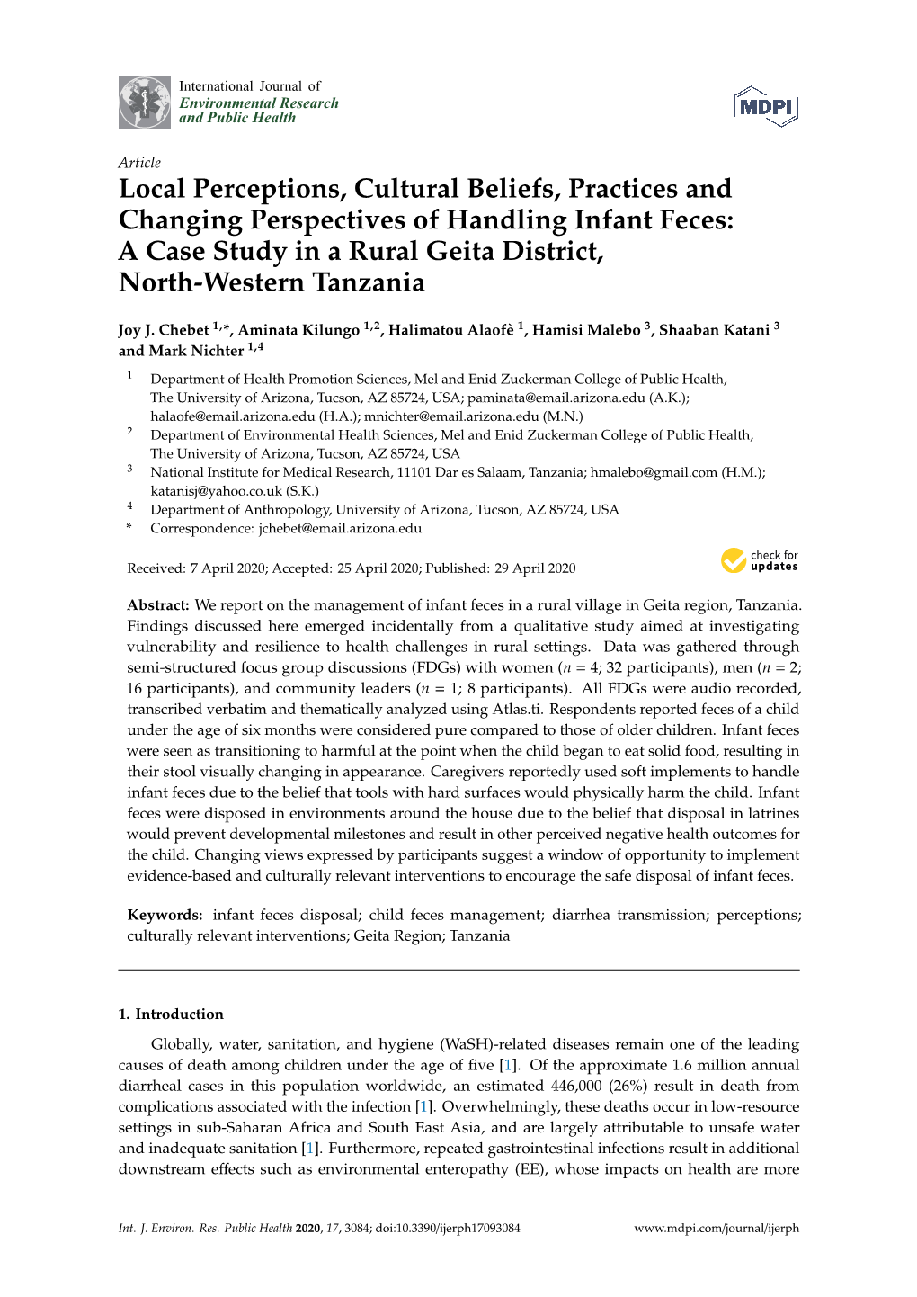 Local Perceptions, Cultural Beliefs, Practices and Changing Perspectives of Handling Infant Feces: a Case Study in a Rural Geita District, North-Western Tanzania