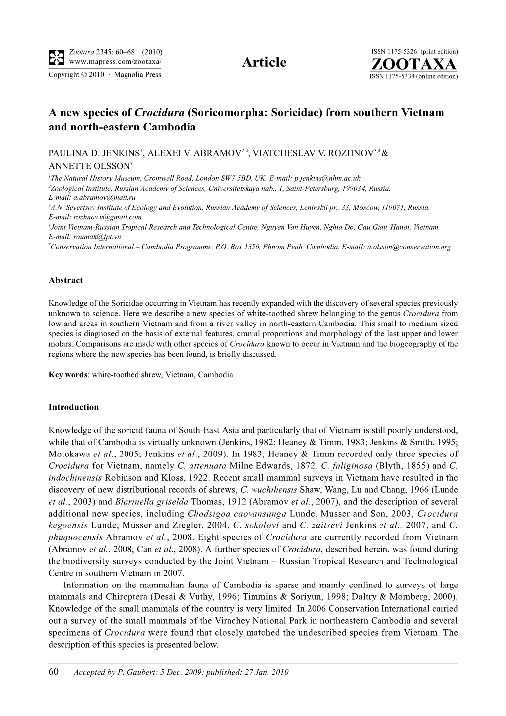 Zootaxa, a New Species of Crocidura (Soricomorpha: Soricidae) From