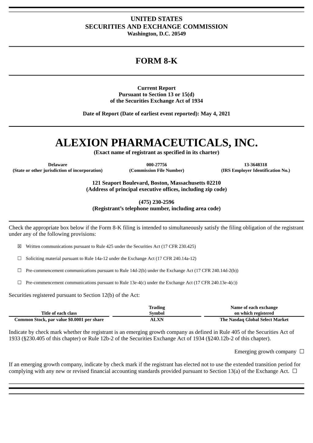 ALEXION PHARMACEUTICALS, INC. (Exact Name of Registrant As Specified in Its Charter)