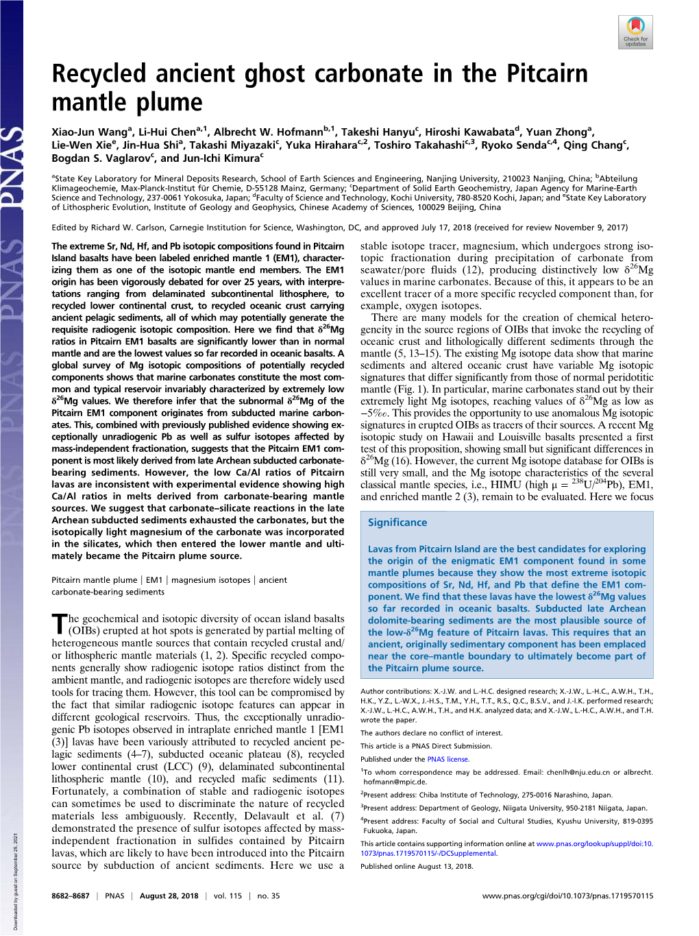 Recycled Ancient Ghost Carbonate in the Pitcairn Mantle Plume