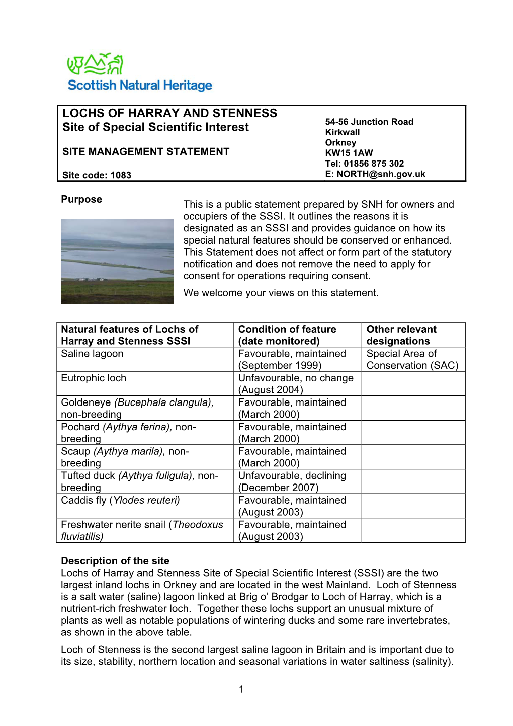 Lochs of Harray and Stenness Site of Special Scientific Interest (SSSI) Are the Two Largest Inland Lochs in Orkney and Are Located in the West Mainland