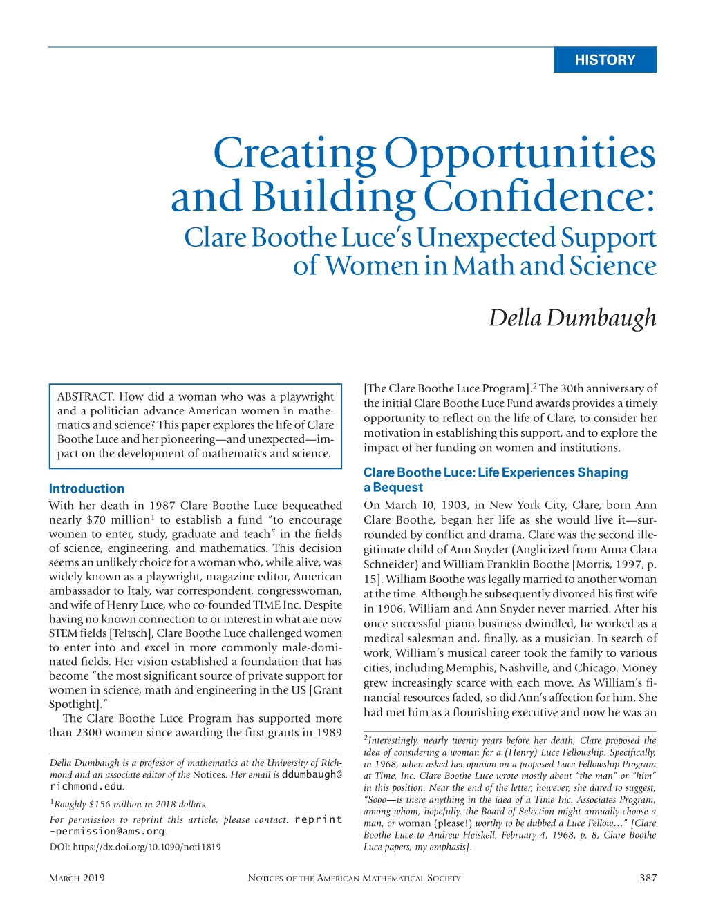 Creating Opportunities and Building Confidence: Clare Boothe Luce’S Unexpected Support of Women in Math and Science