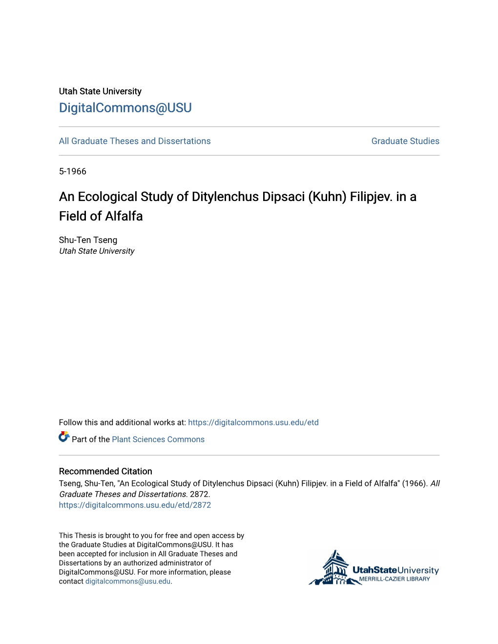 An Ecological Study of Ditylenchus Dipsaci (Kuhn) Filipjev