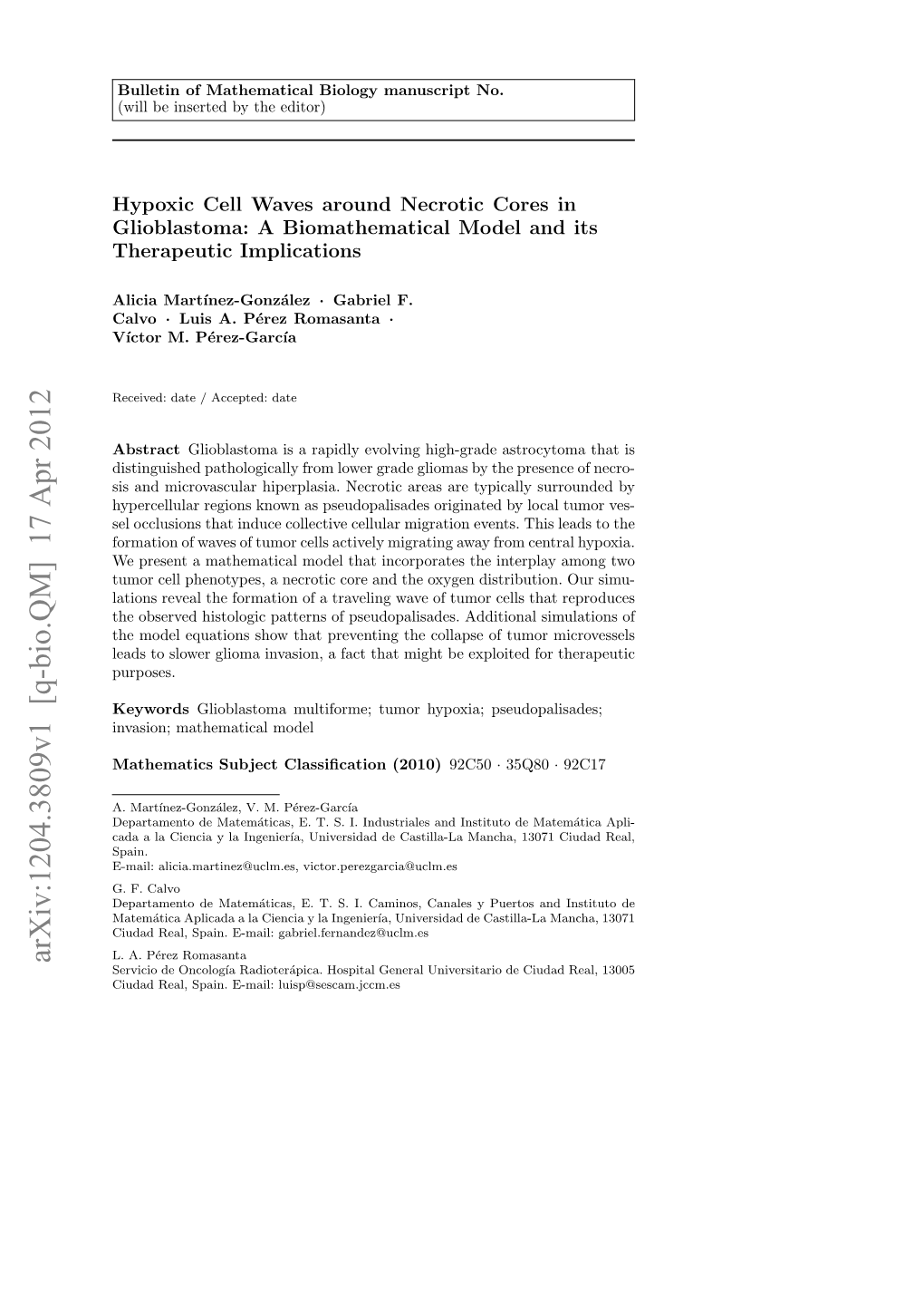 Arxiv:1204.3809V1 [Q-Bio.QM] 17 Apr 2012 Servicio De Oncolog´Iaradioter´Apica.Hospital General Universitario De Ciudad Real, 13005 Ciudad Real, Spain