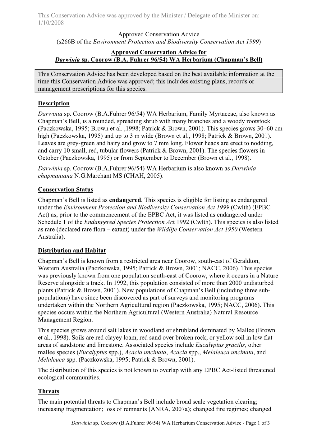 Approved Conservation Advice for Darwinia Sp. Coorow (B.A. Fuhrer 96/54) WA Herbarium (Chapman’S Bell)