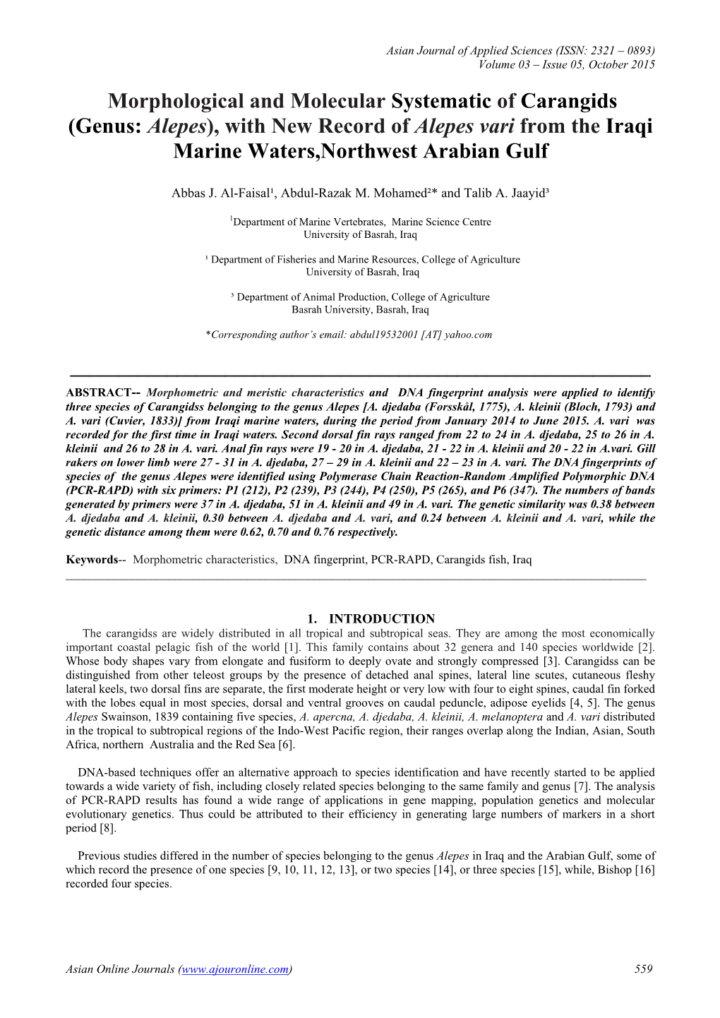 Genus: Alepes), with New Record of Alepes Vari from the Iraqi Marine Waters,Northwest Arabian Gulf