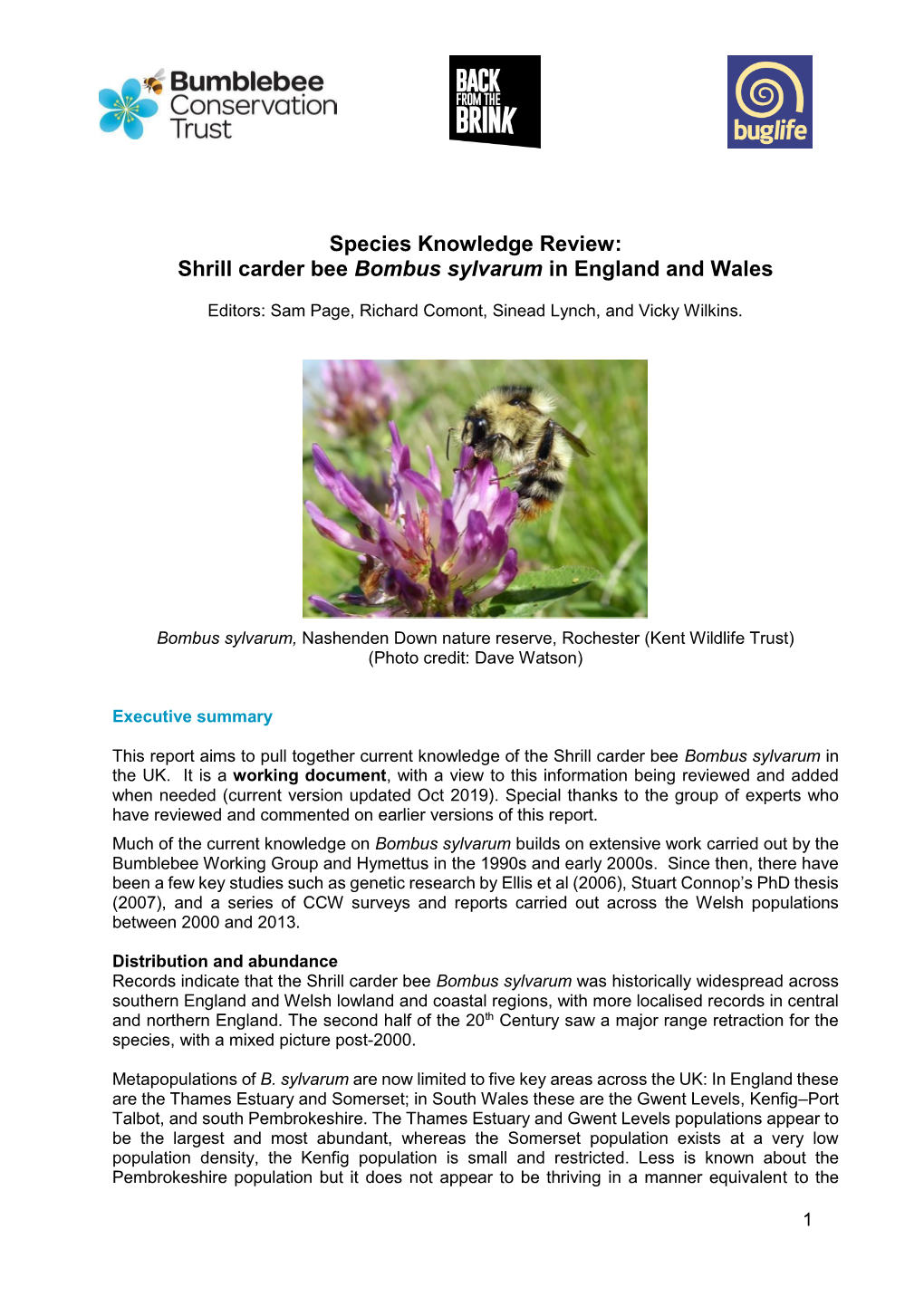 Species Knowledge Review: Shrill Carder Bee Bombus Sylvarum in England and Wales