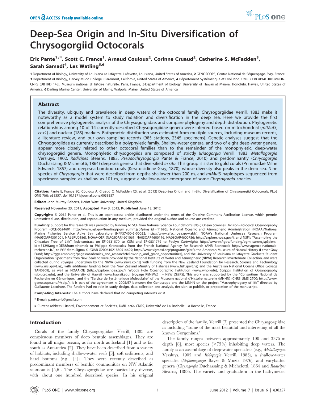 Deep-Sea Origin and In-Situ Diversification of Chrysogorgiid Octocorals