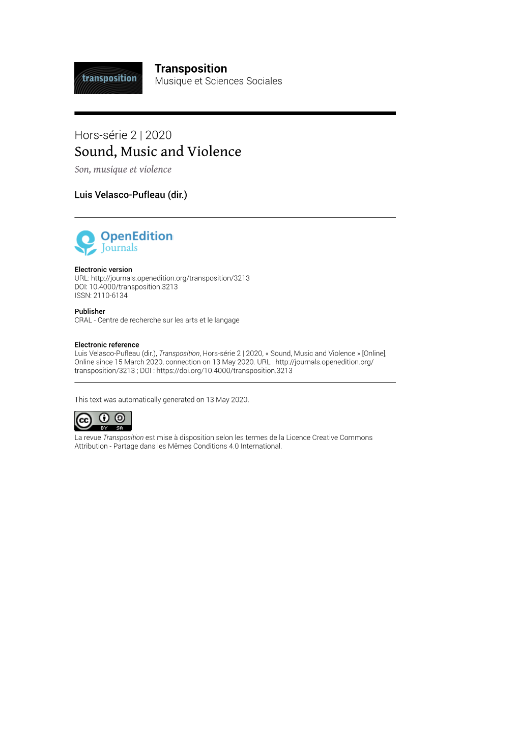 Transposition, Hors-Série 2 | 2020, « Sound, Music and Violence » [Online], Online Since 15 March 2020, Connection on 13 May 2020