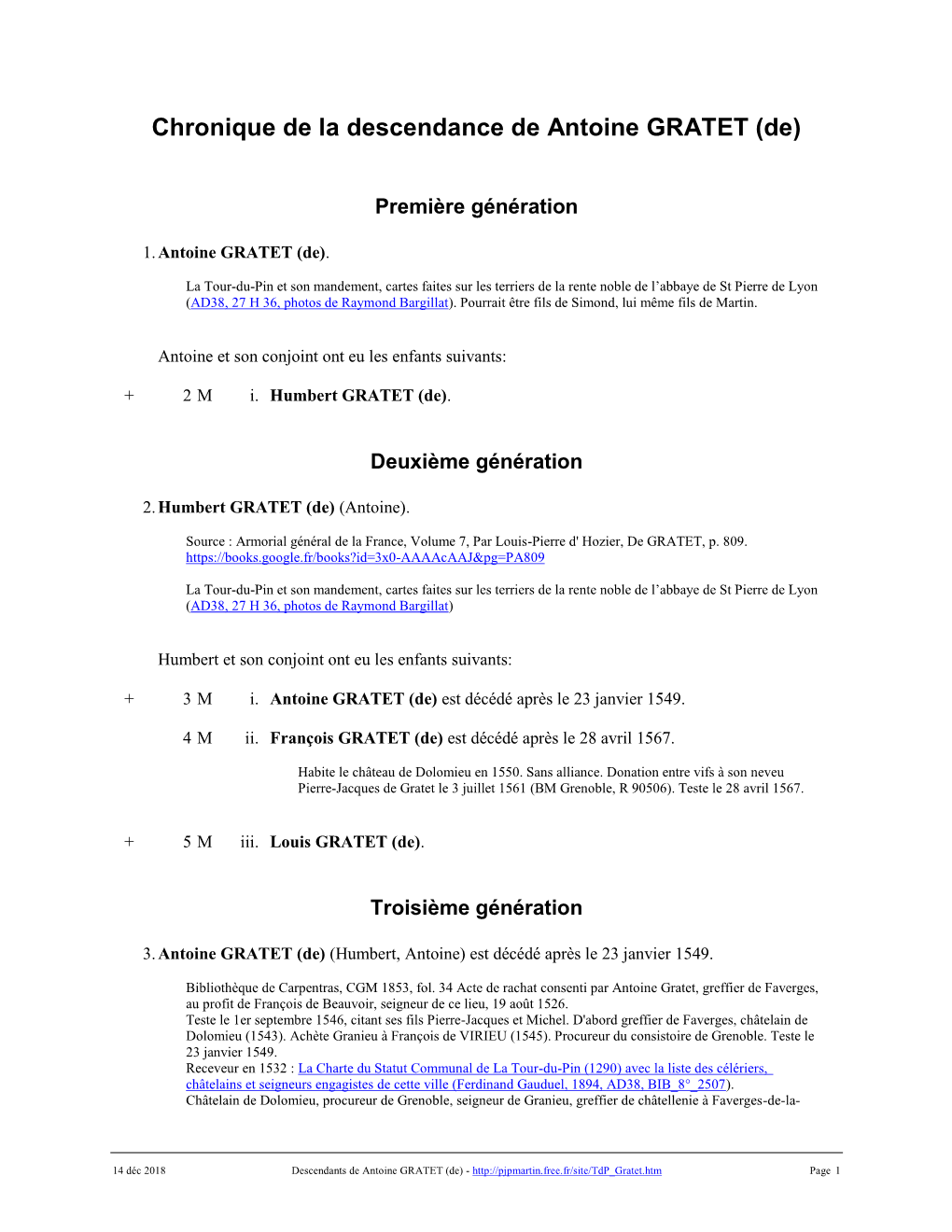 Chronique De La Descendance De Antoine GRATET (De)