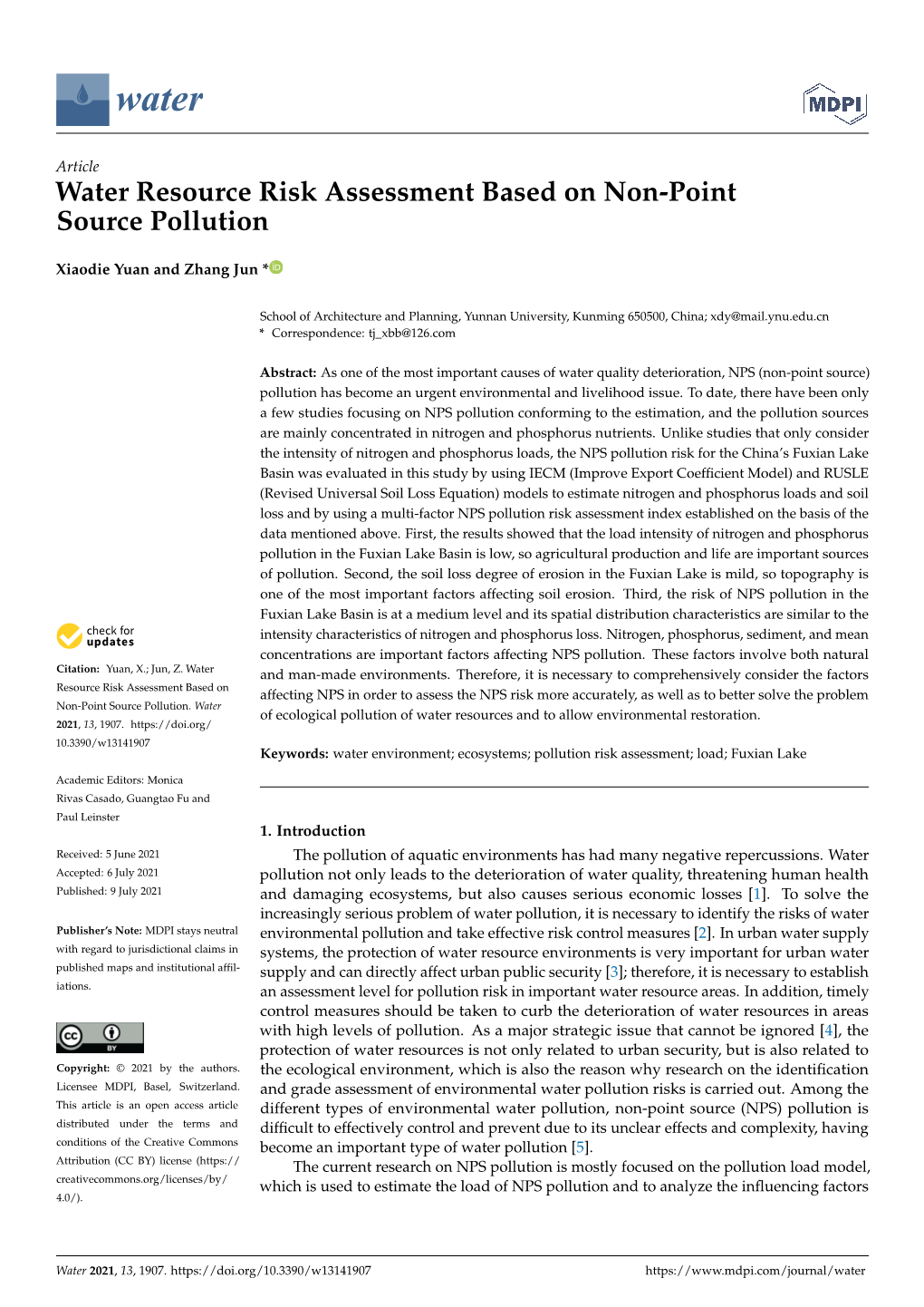 Water Resource Risk Assessment Based on Non-Point Source Pollution