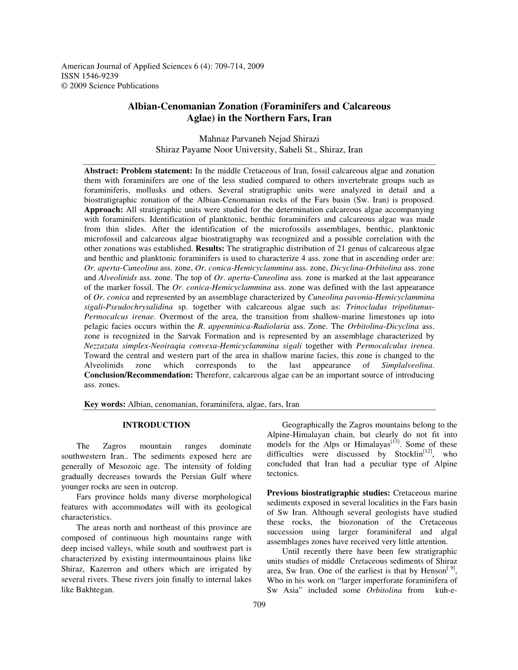 Albian-Cenomanian Zonation (Foraminifers and Calcareous Aglae) in the Northern Fars, Iran