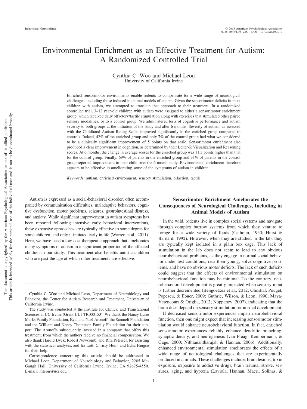 Environmental Enrichment As an Effective Treatment for Autism: a Randomized Controlled Trial