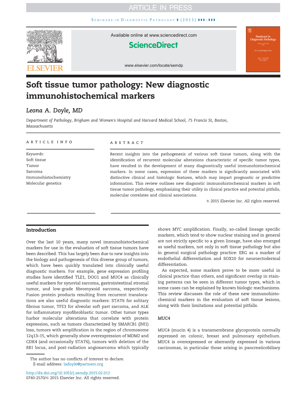Soft Tissue Tumor Pathology: New Diagnostic Immunohistochemical Markers Leona A