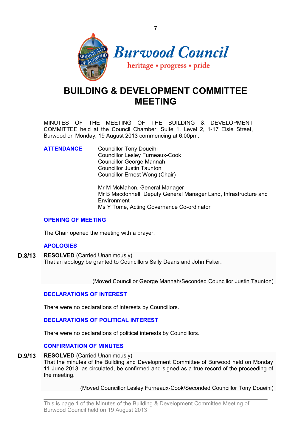 Pro-Forma Minutes of Building & Development Committee Meeting - 19 August 2013