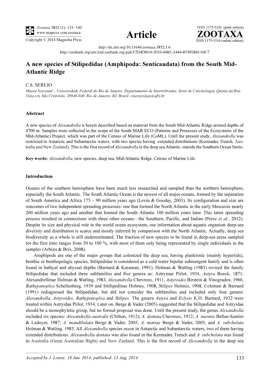 A New Species of Stilipedidae (Amphipoda: Senticaudata) from the South Mid-Atlantic Ridge