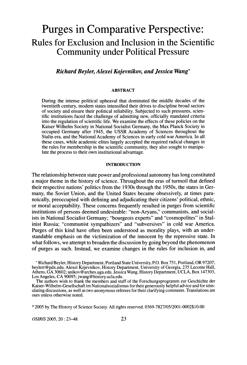 Purges in Comparative Perspective: Rules for Exclusion and Inclusion in the Scientific Communityunder Political Pressure