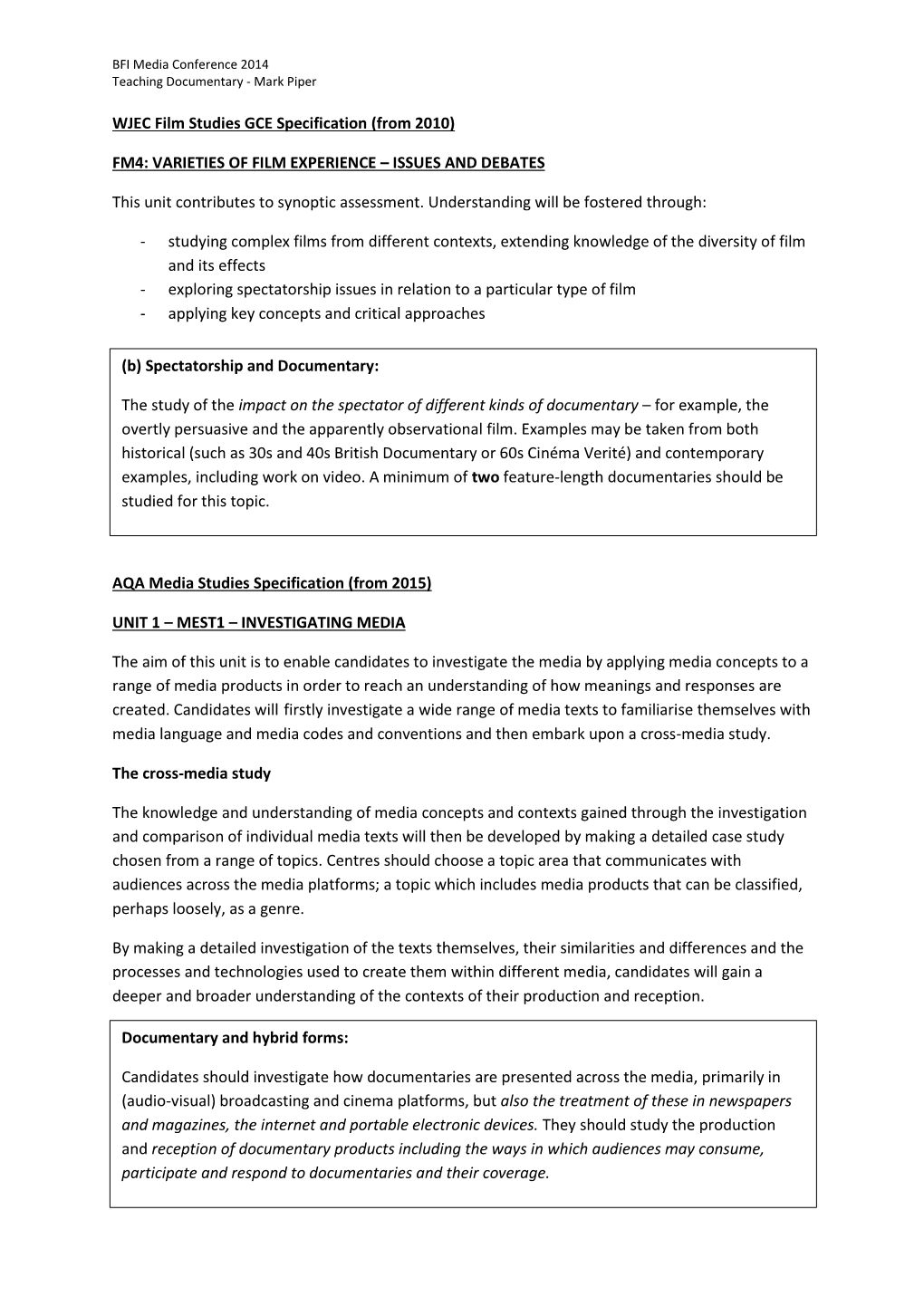 WJEC Film Studies GCE Specification (From 2010)