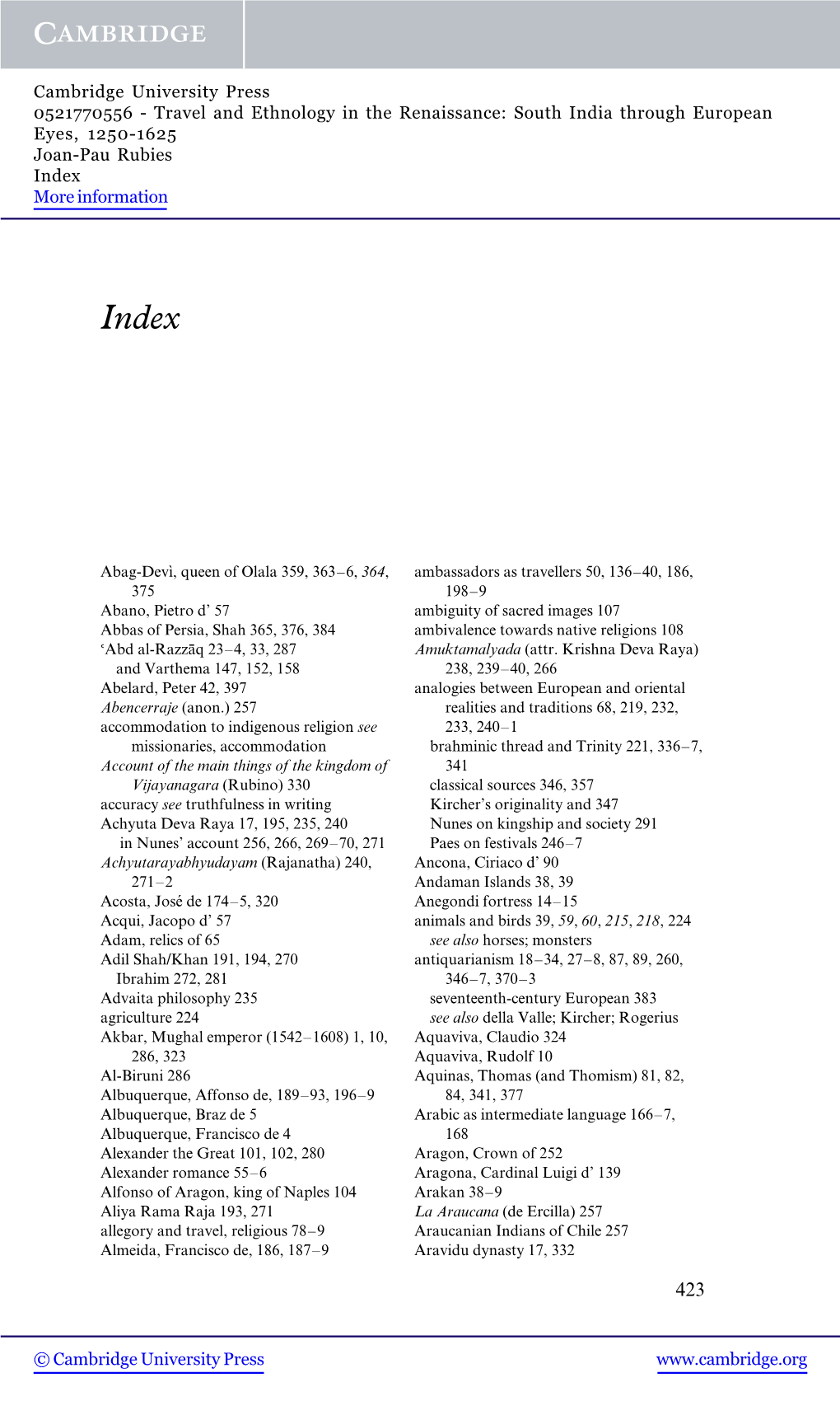 Travel and Ethnology in the Renaissance: South India Through European Eyes, 1250-1625 Joan-Pau Rubies Index More Information