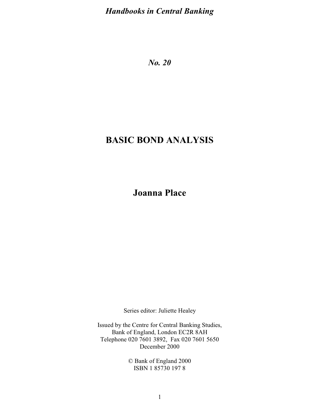 BASIC BOND ANALYSIS Joanna Place