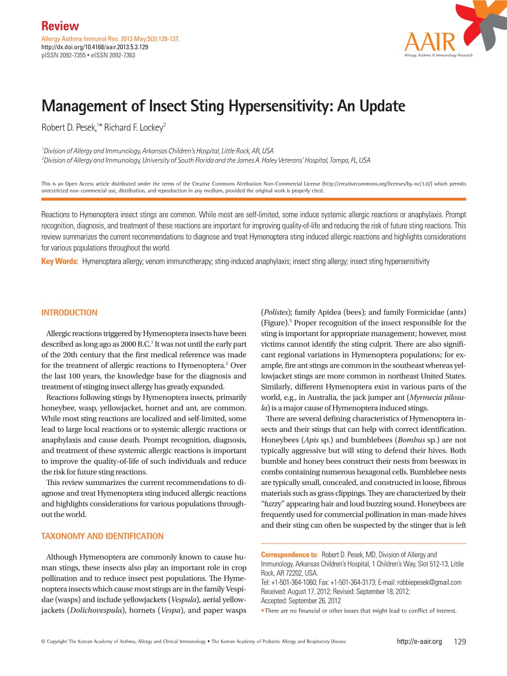 Management of Insect Sting Hypersensitivity: an Update Robert D