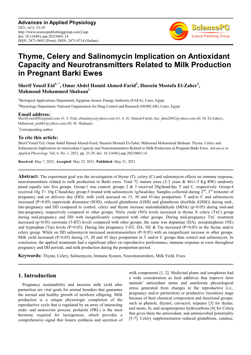 Thyme, Celery and Salinomycin Implication on Antioxidant Capacity and Neurotransmitters Related to Milk Production in Pregnant Barki Ewes