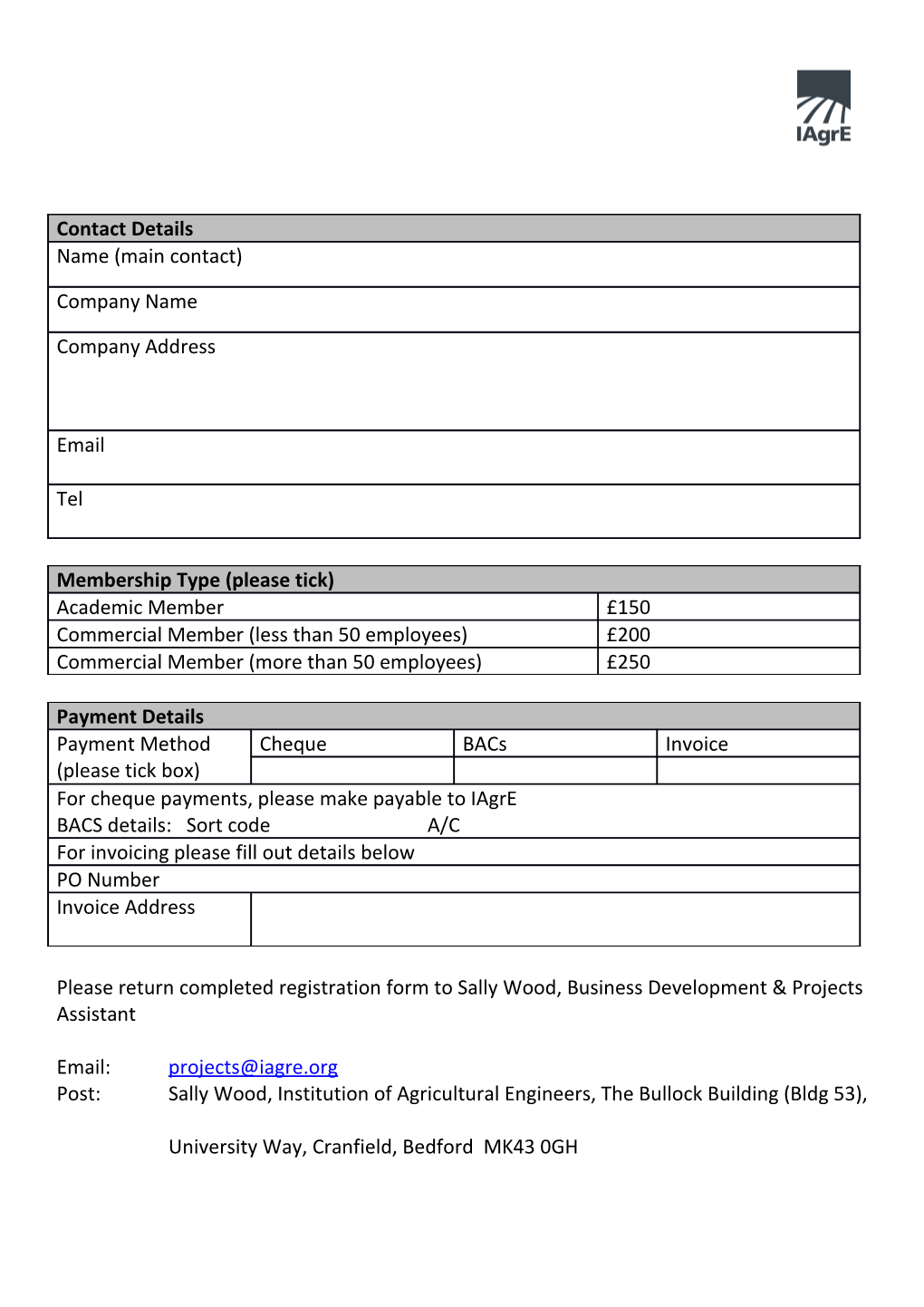 Please Return Completed Registration Form to Sally Wood, Business Development & Projects