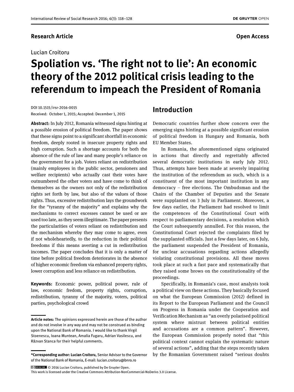 Spoliation Vs. 'The Right Not to Lie': an Economic Theory of the 2012