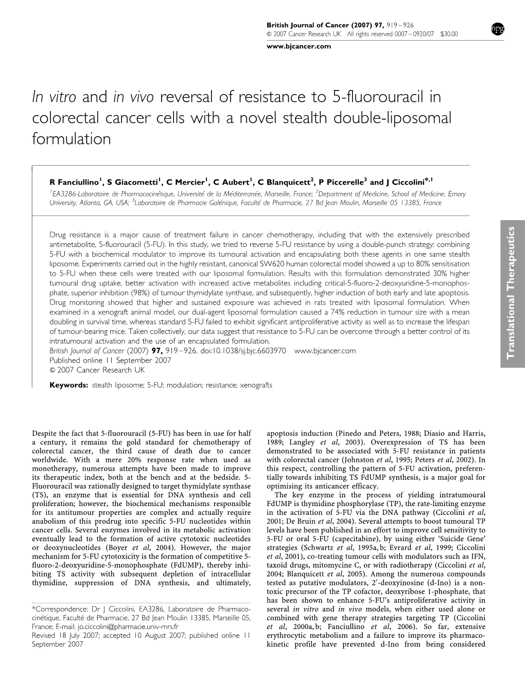 In Vitro and in Vivo Reversal of Resistance to 5-Fluorouracil in Colorectal Cancer Cells with a Novel Stealth Double-Liposomal Formulation