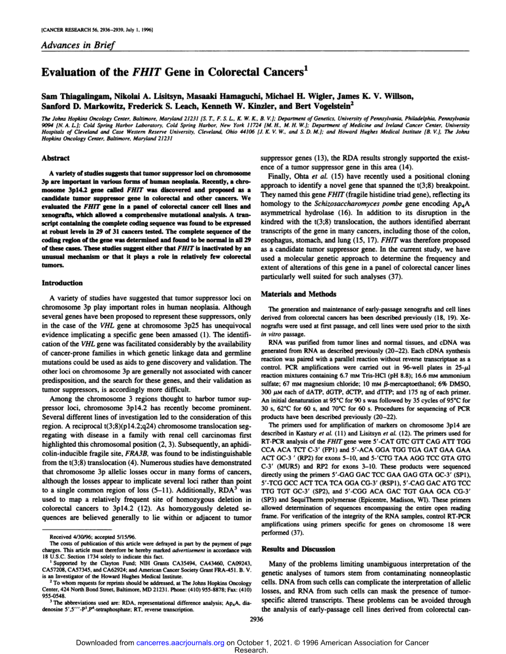 Evaluation of the FHIT Gene in Colorectal Cancers1