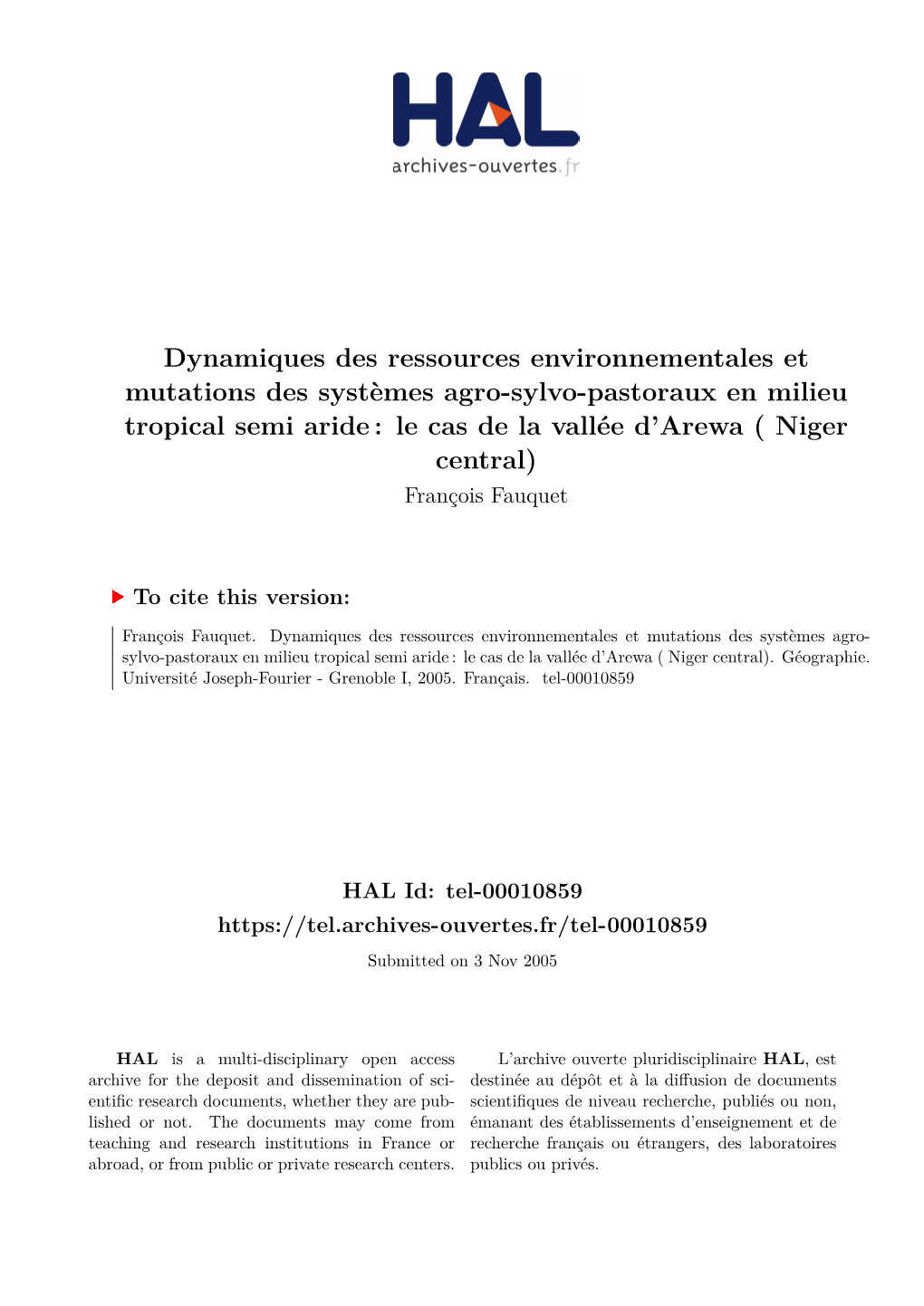 Dynamiques Des Ressources Environnementales Et