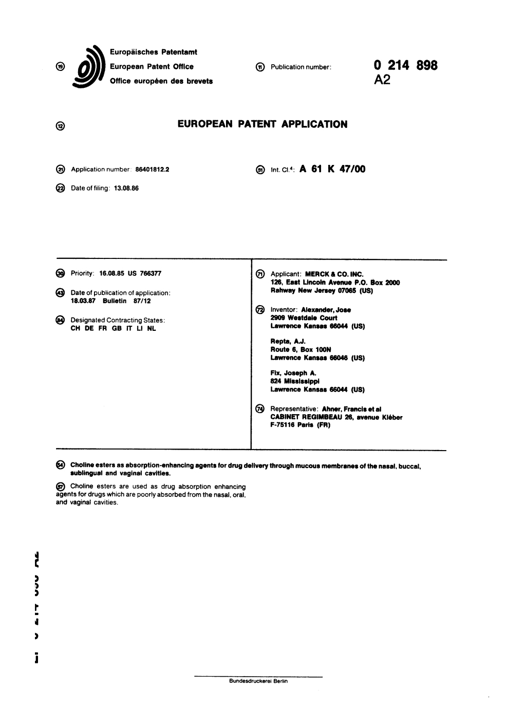 Choline Esters As Absorption-Enhancing Agents for Drug Delivery Through Mucous Membranes of the Nasal, Buccal, Sublingual and Vaginal Cavities