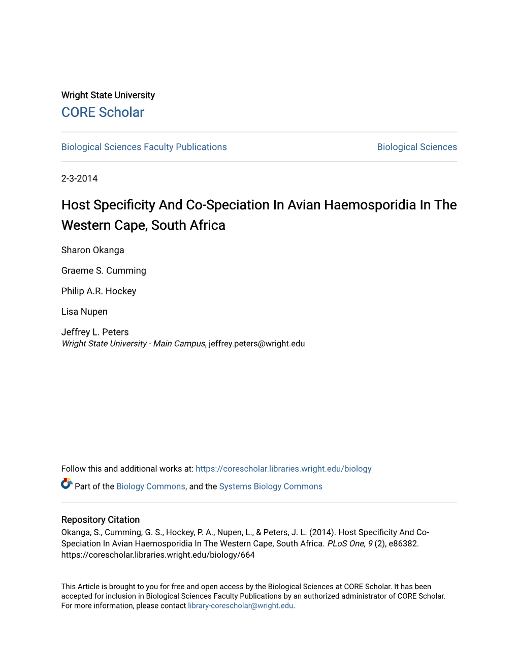Host Specificity and Co-Speciation in Avian Haemosporidia in the Western Cape, South Africa