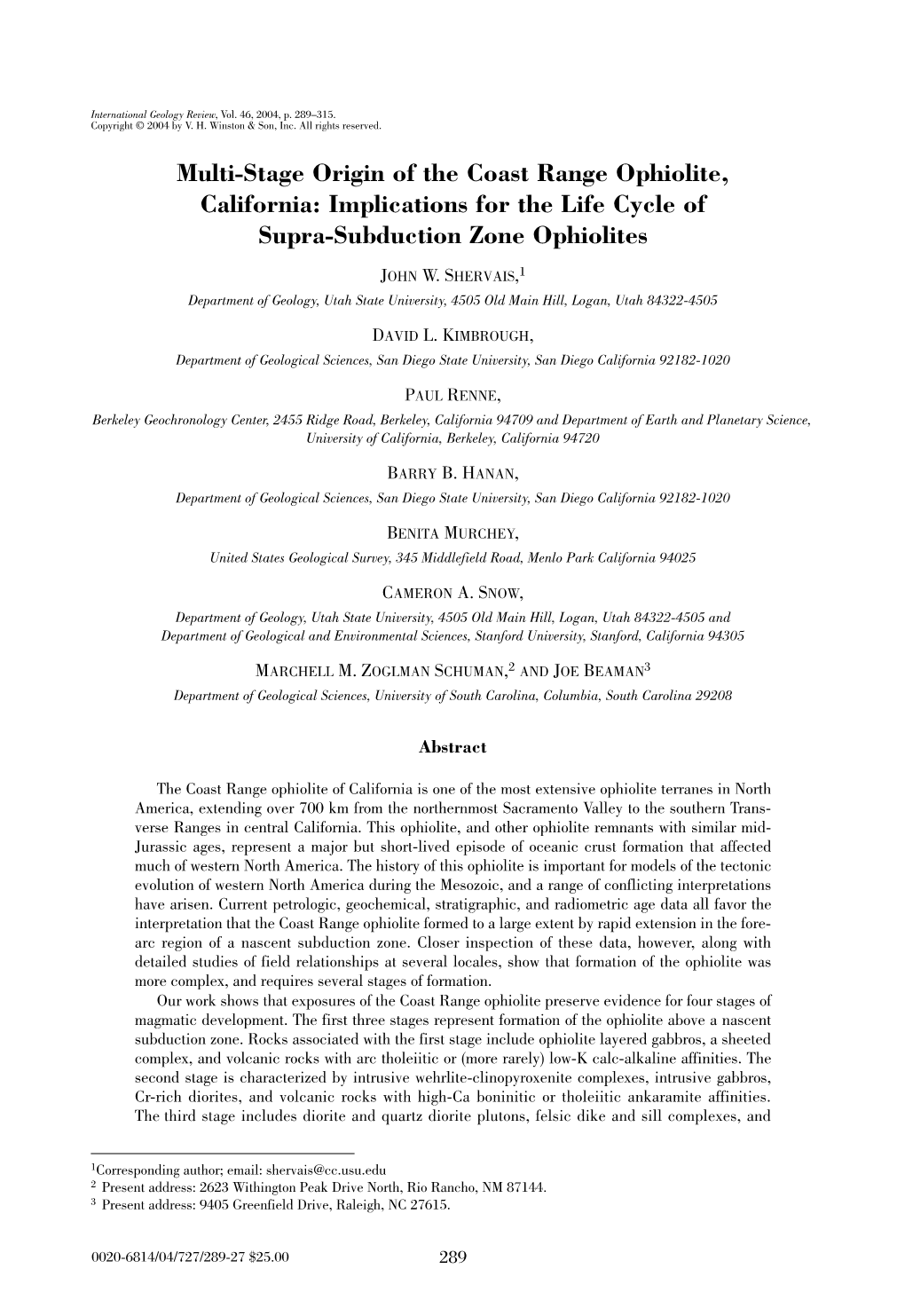 Multi-Stage Origin of the Coast Range Ophiolite, California: Implications for the Life Cycle of Supra-Subduction Zone Ophiolites