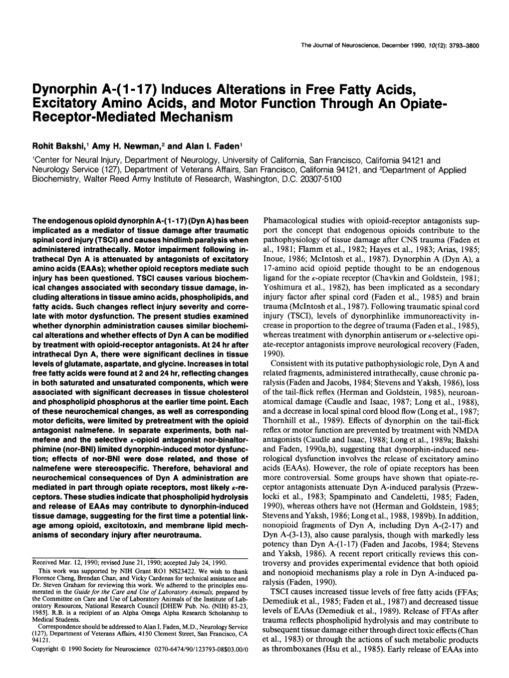 Dynorphin A-( L-L 7) Induces Alterations in Free Fatty Acids, Excitatory Amino Acids, and Motor Function Through an Opiate- Receptor-Mediated Mechanism