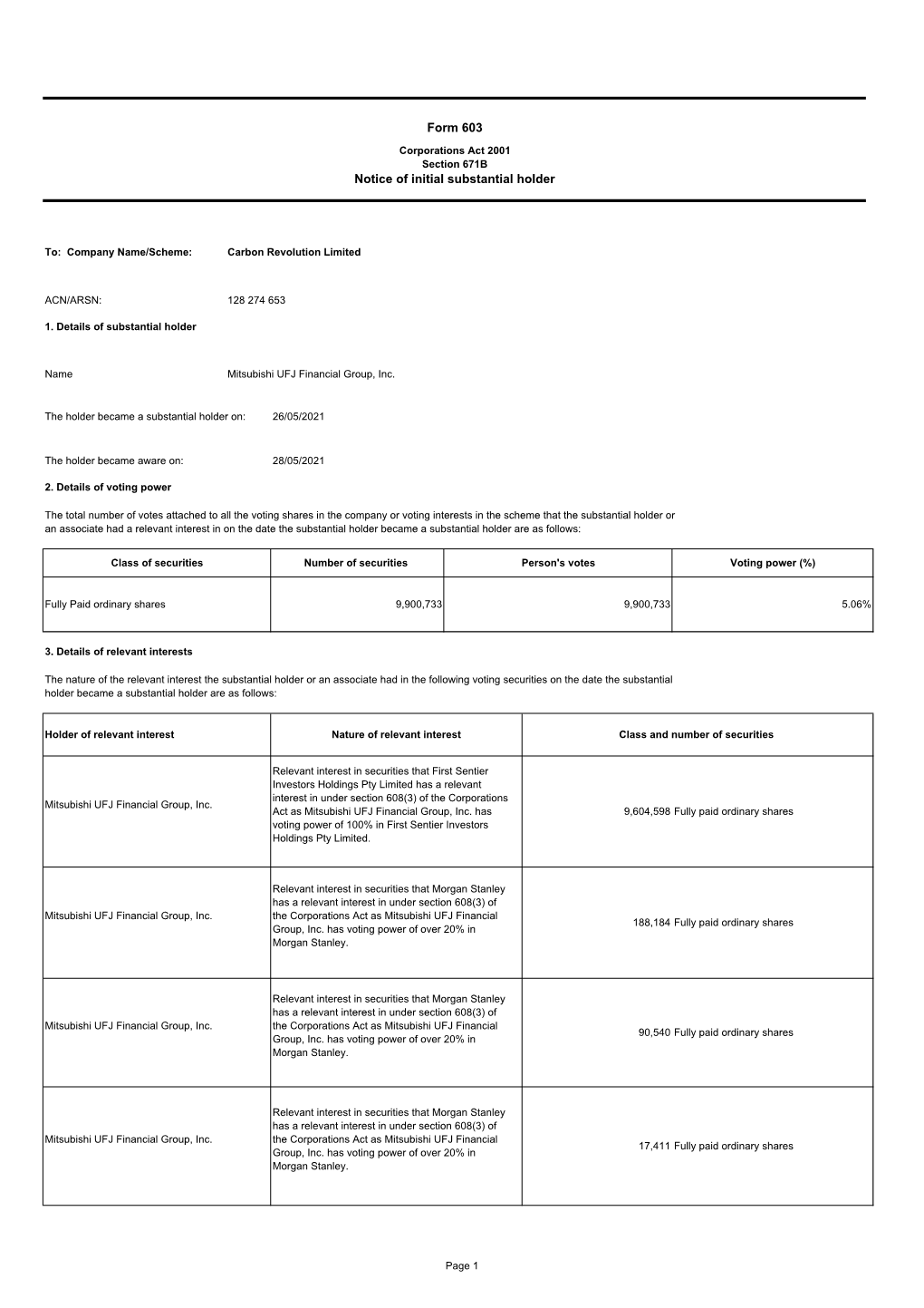 Form 603 Notice of Initial Substantial Holder